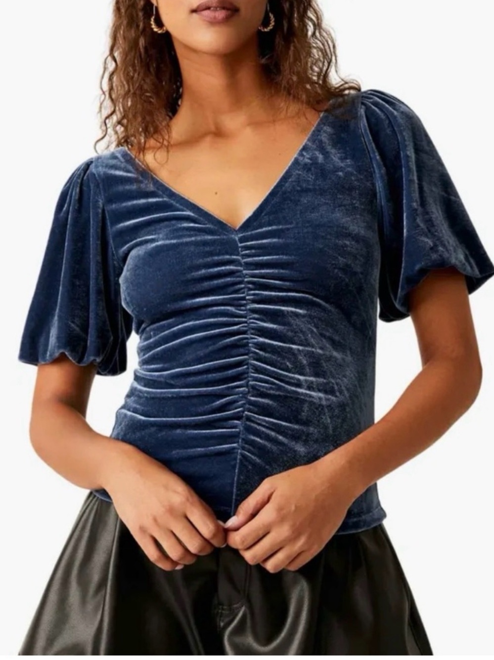 Free people NWT Velvet Ruched V-Neck Top in Deep Blue